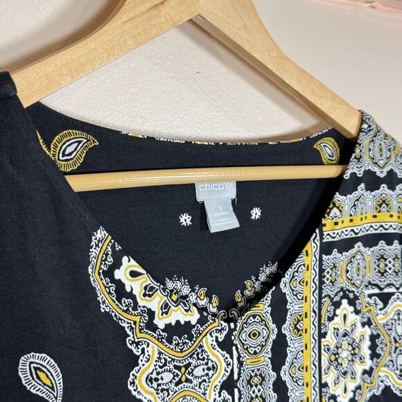 Chicos Womens Blouse 3/4 Sleeve Paisley size XL Yellow Black Rayon Stretch - Picture 2 of 8
